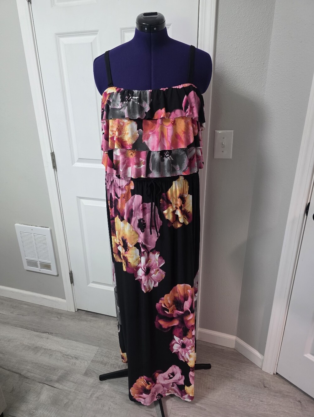 Style & Co Black Floral Ruffle Maxi Dress Womens 3X Plus Size